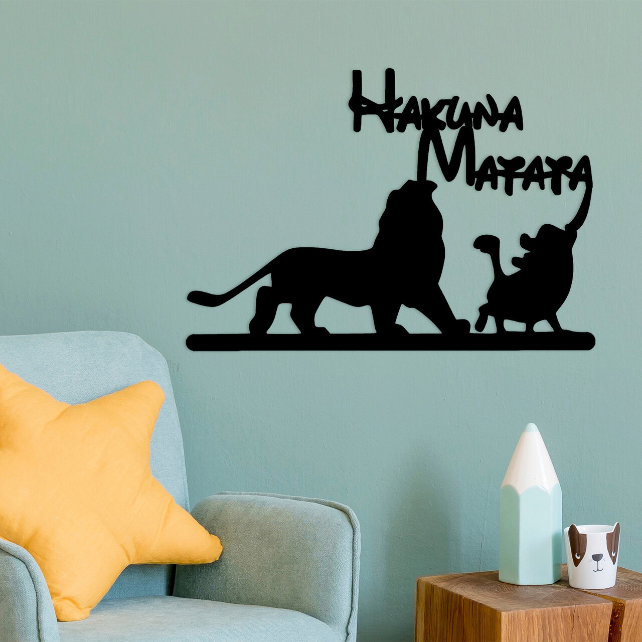 Decoratiune de perete, Hakuna Matata Lion And Piggy, Dimensiune: 58 x 1,5 x 39 cm, Negru - imagine 7